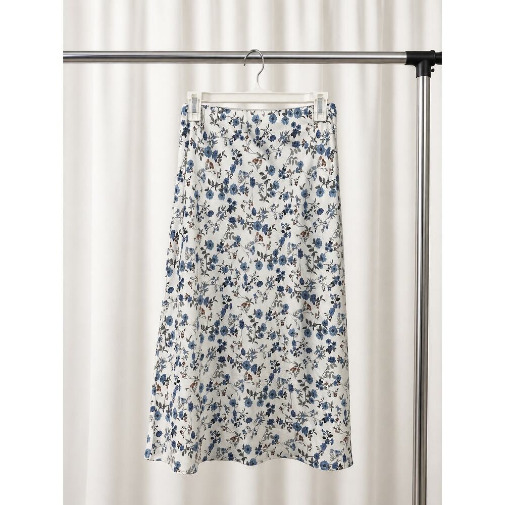 Francesca’s Floral Satin Midi Skirt Blue White Bias Cut Size S